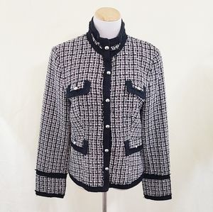 White House Black Market silk tweed blazer jacket black white red size 10